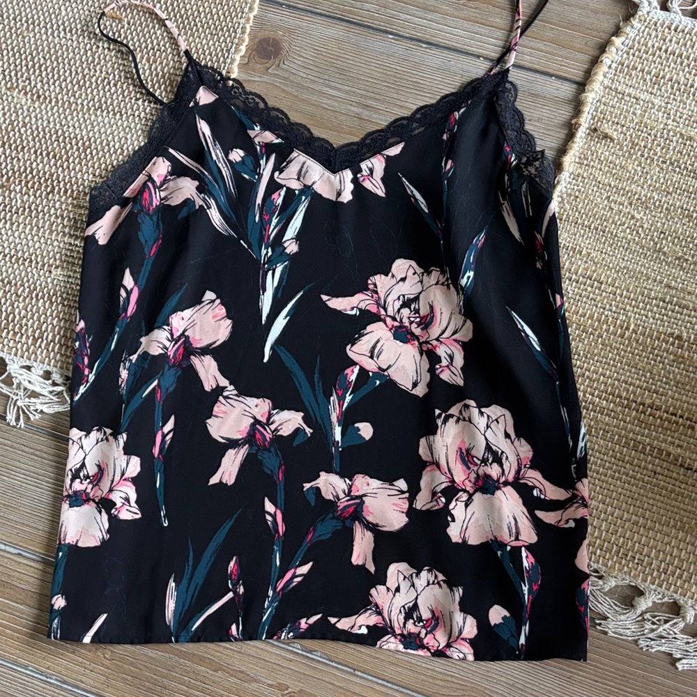 Floral Lace Trim Cami Top - Black and Pink